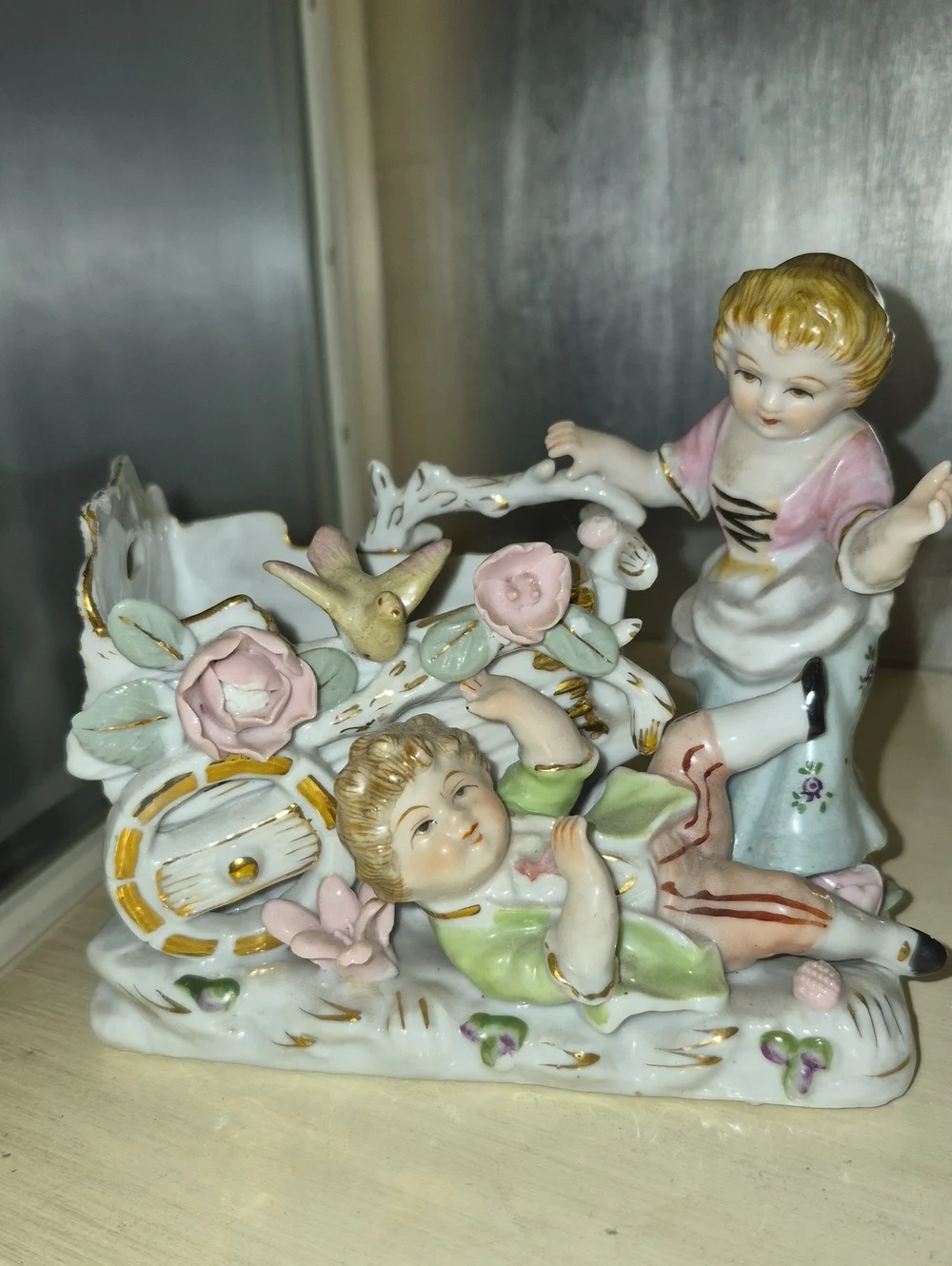Vintage Hand-Painted Porcelain Shabby Chic Children & Floral Cart Mold 4962